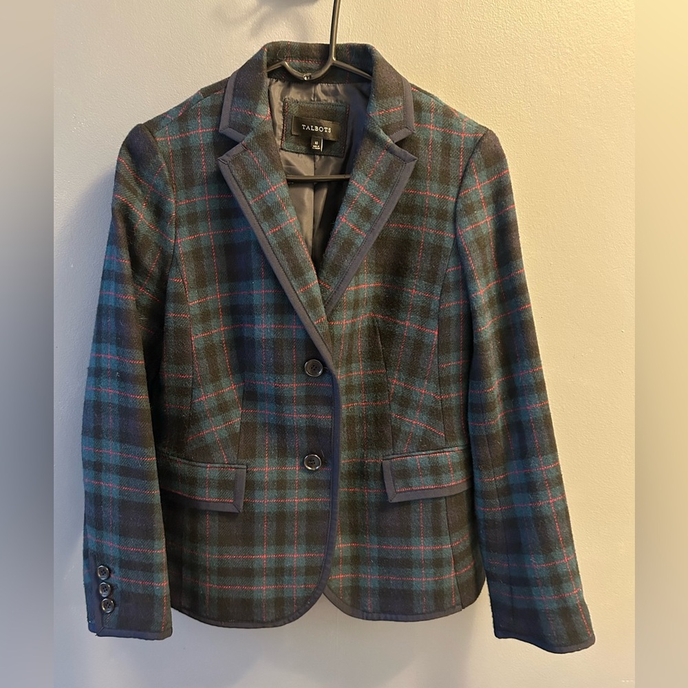 Talbots Green and Blue Plaid Wool-Blend Blazer